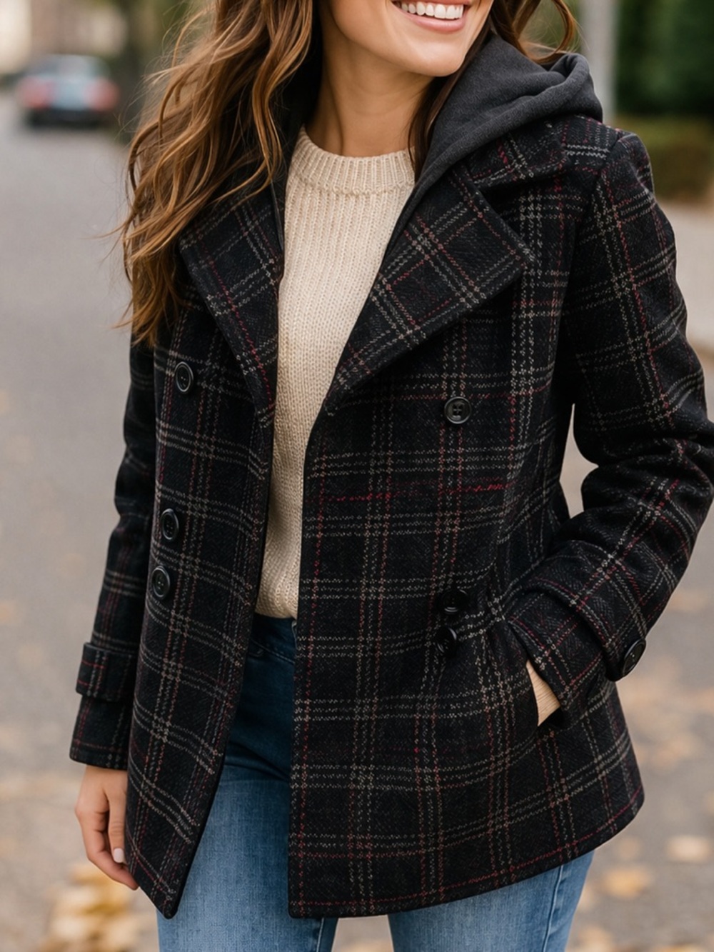 George Plaid Peacoat Women’s M 8/10 Black Gray Red Coat Removable Hood